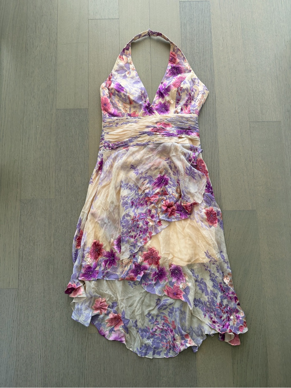 VINTAGE SUE WONG FLORAL SILK ASYMMETRICAL BEADED HALTER NECK DRESS